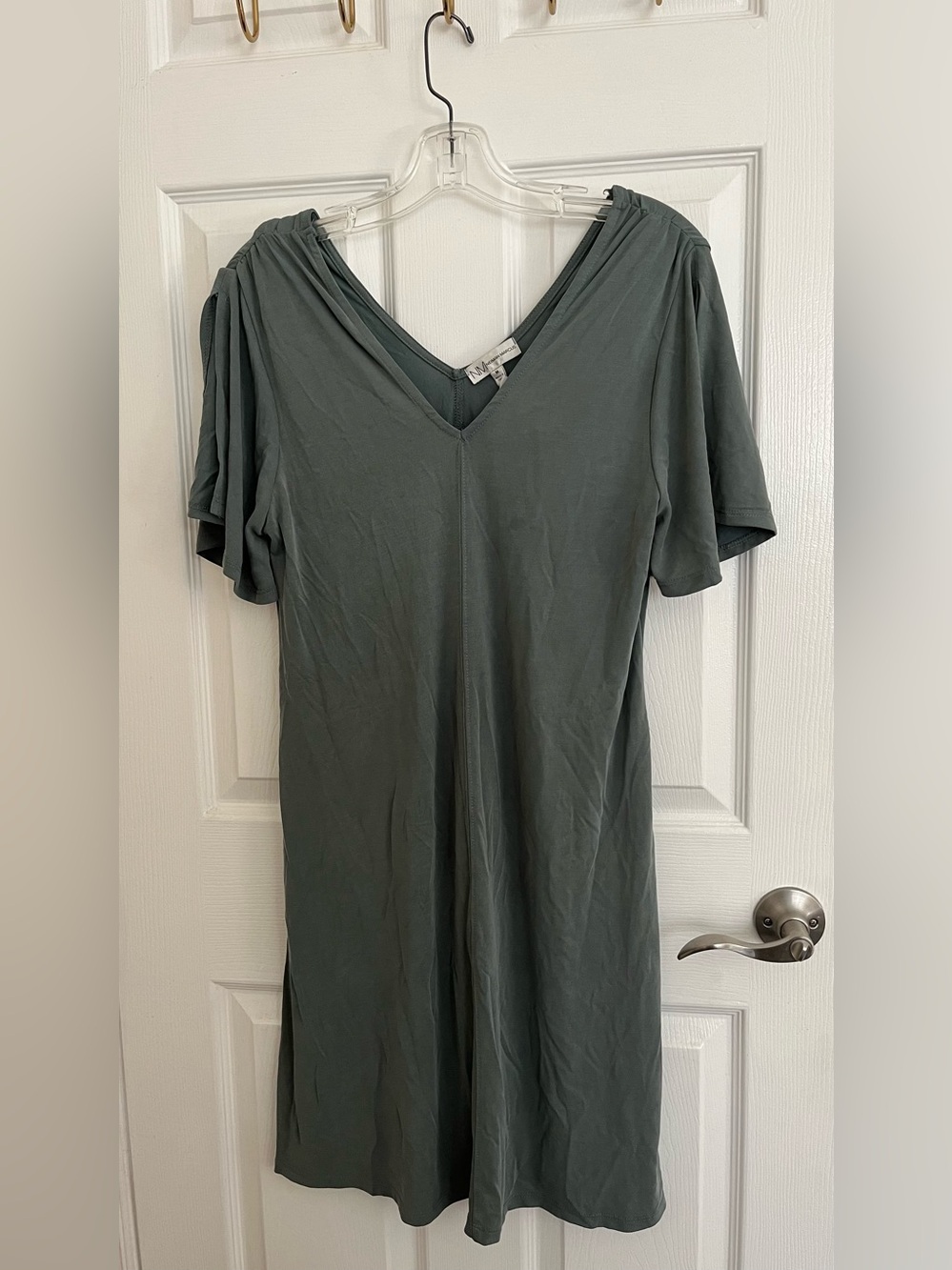 Neiman Marcus Slate Green V-Neck Maxi Dress